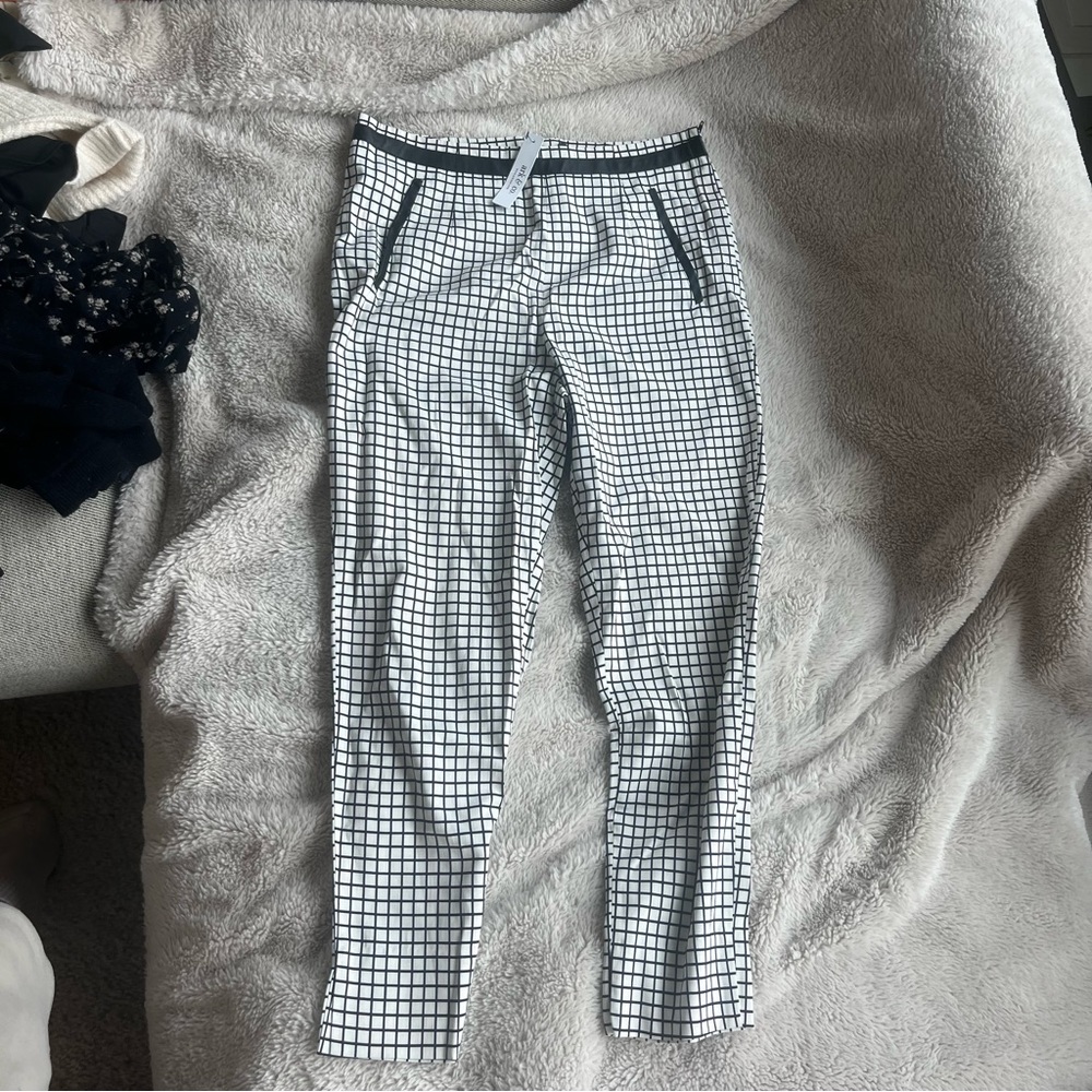 Grid checkerboard work slacks with faux leather detailing